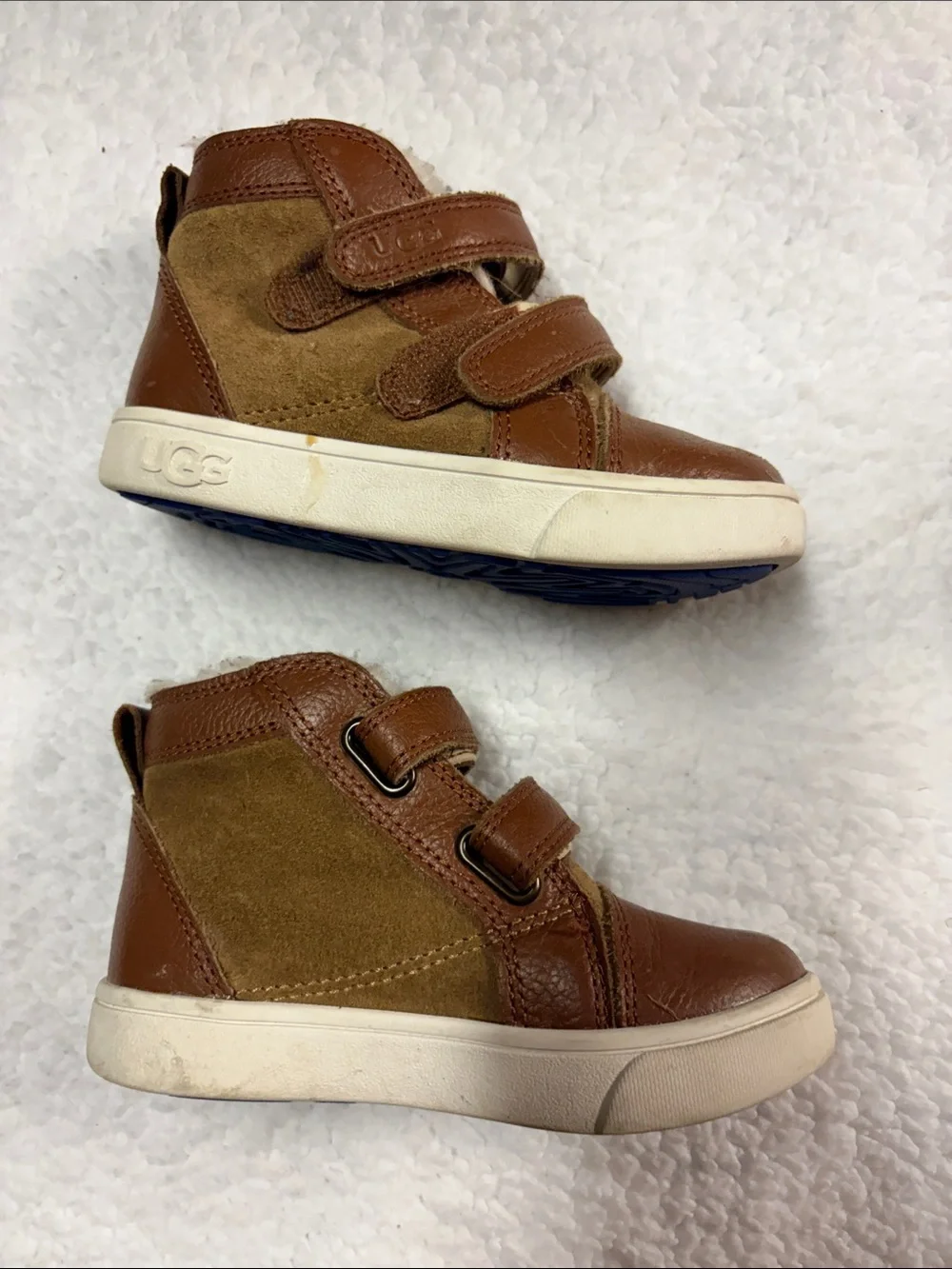 UGG size 8 Kids Brown & Tan Leather Suede Velcro Boots with Blue Tread